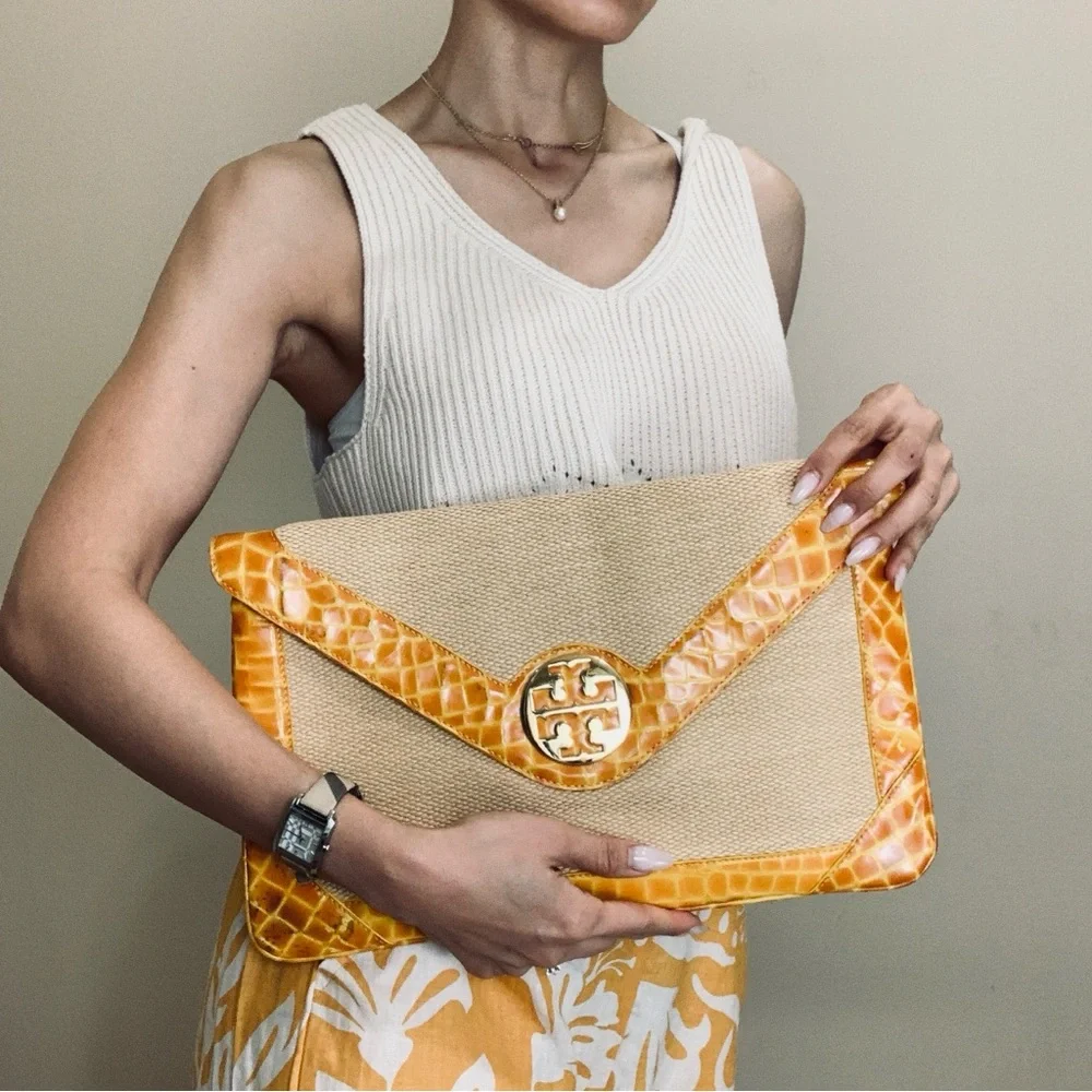 Tory Burch Yellow & Natural Raffia Envelope Crossbody